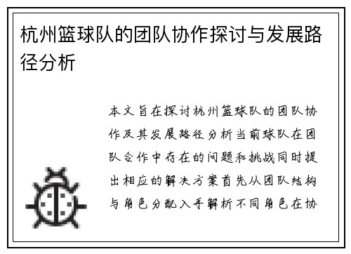 杭州篮球队的团队协作探讨与发展路径分析